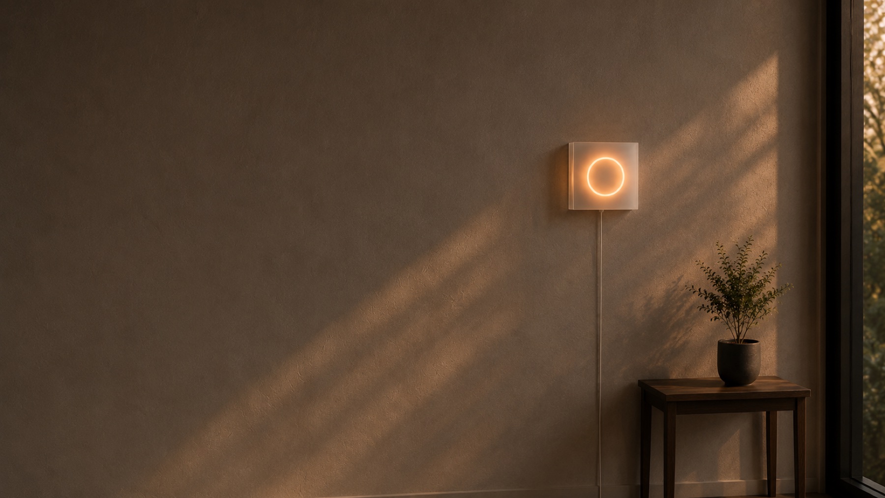 Circa fixture on plaster wall at dusk