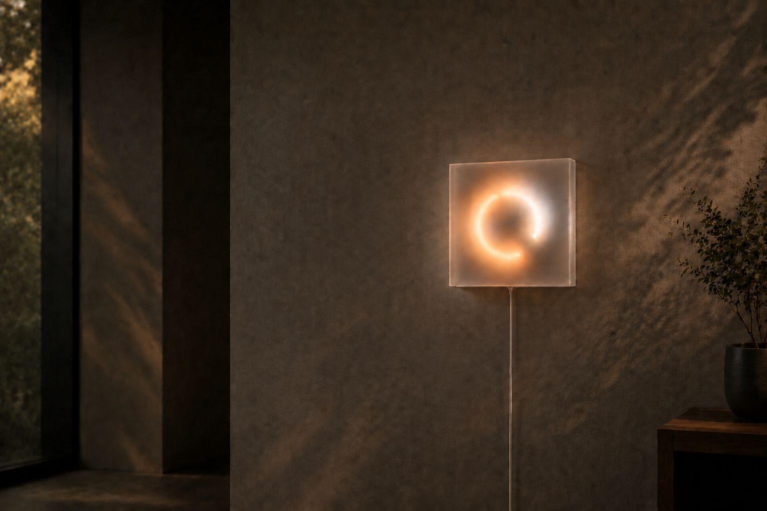 Circa fixture on plaster wall at dusk